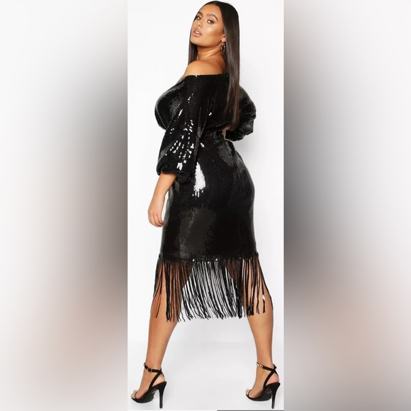 Boohoo Plus Size Sequin Faux Wrap Fringe Long Sleeve Boho MIDI - Picture 6 of 14